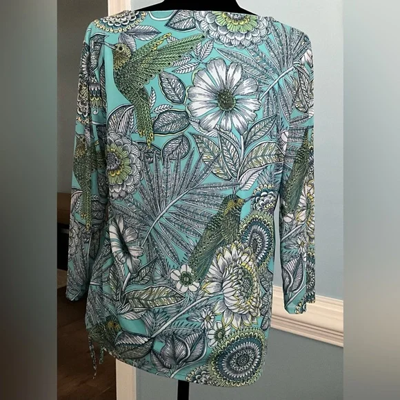 Teal Top NWOT Hummingbird Blouse Spring Floral TunicTop Floral Bird Top - Picture 5 of 14